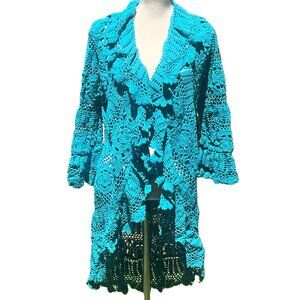 🆕🔥 Stunning Turquoise Hand-crocheted 100% Cotton Flounce Coat (Made in USA)